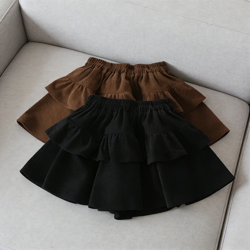 Teen Girls Corduroy A-Line Skirt Autumn Winter Sweet Ruffle Hem Pleated Puffy Skirt Preppy Style High Waist Short Skirt for Kids