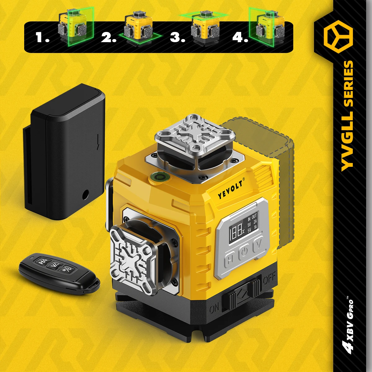 

YEVOLT YVGLL4XS16G Volumetric 16-Line Rotary Laser Level Self-Leveling Carpet Installation Baseline High Precision Long Range