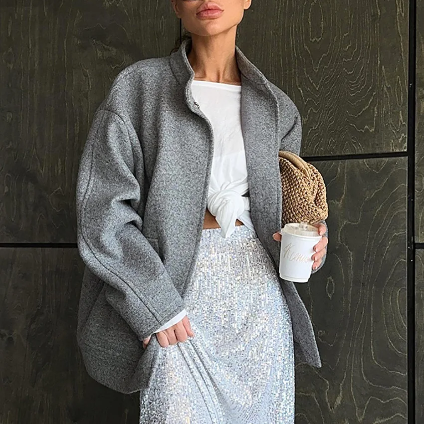 

Grey Women Autumn Woolen Coat Stand Collar Snap Button Elastic Hem Big Pockets Female's Jacket Korean-style Chic Lady Overcoat