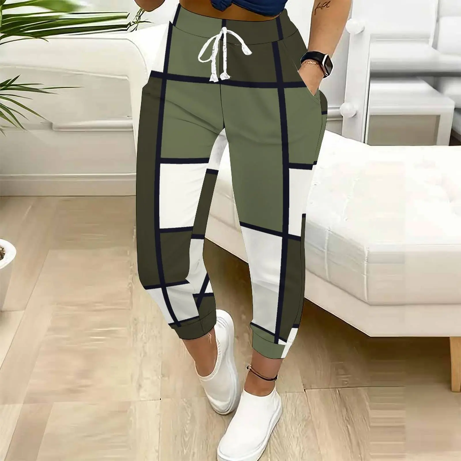 Women Casual Jogger Pants  Argyle Plaid Print Drawstring High Waist Sweatpants with Pockets Daily Loungewear Streetwear
