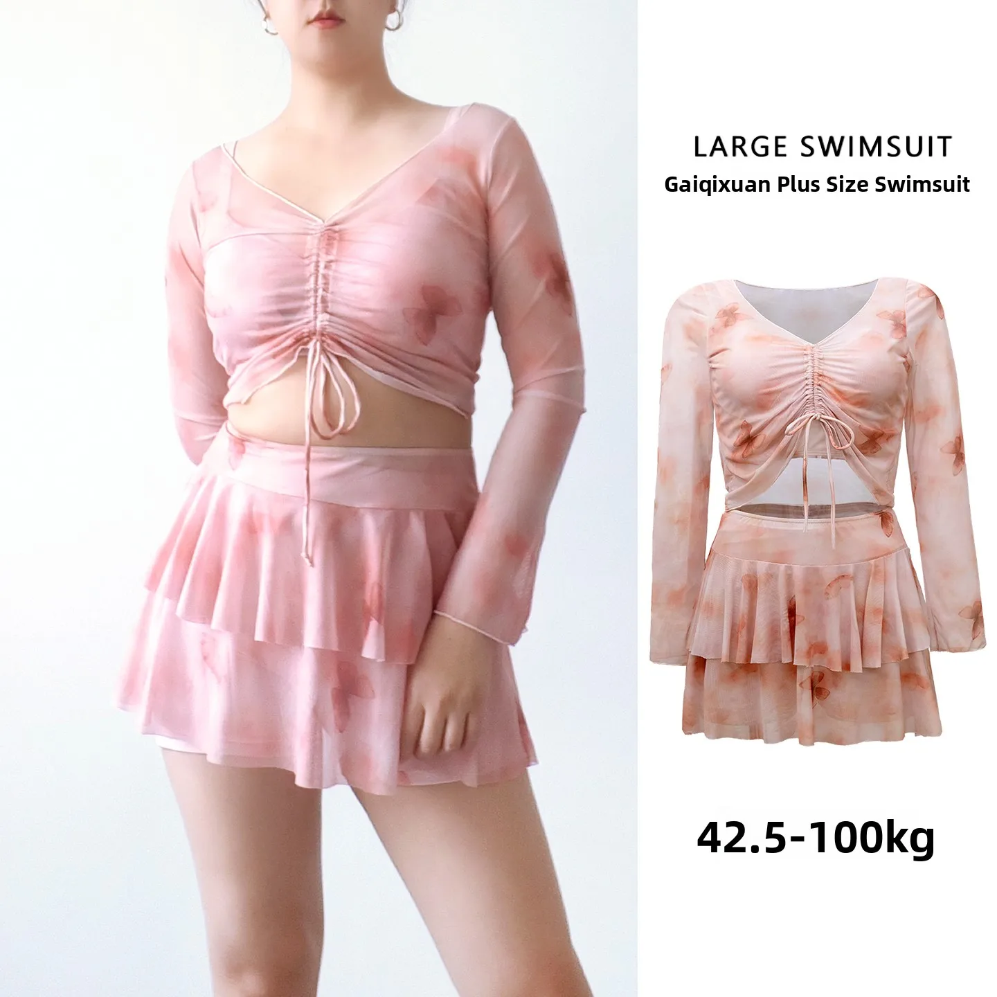 

Floral Print plus Size Bikini Bot Conservative Long Sve Swimwear Women's Holiday Tee-piece Set V-ne Polyester Nylon...