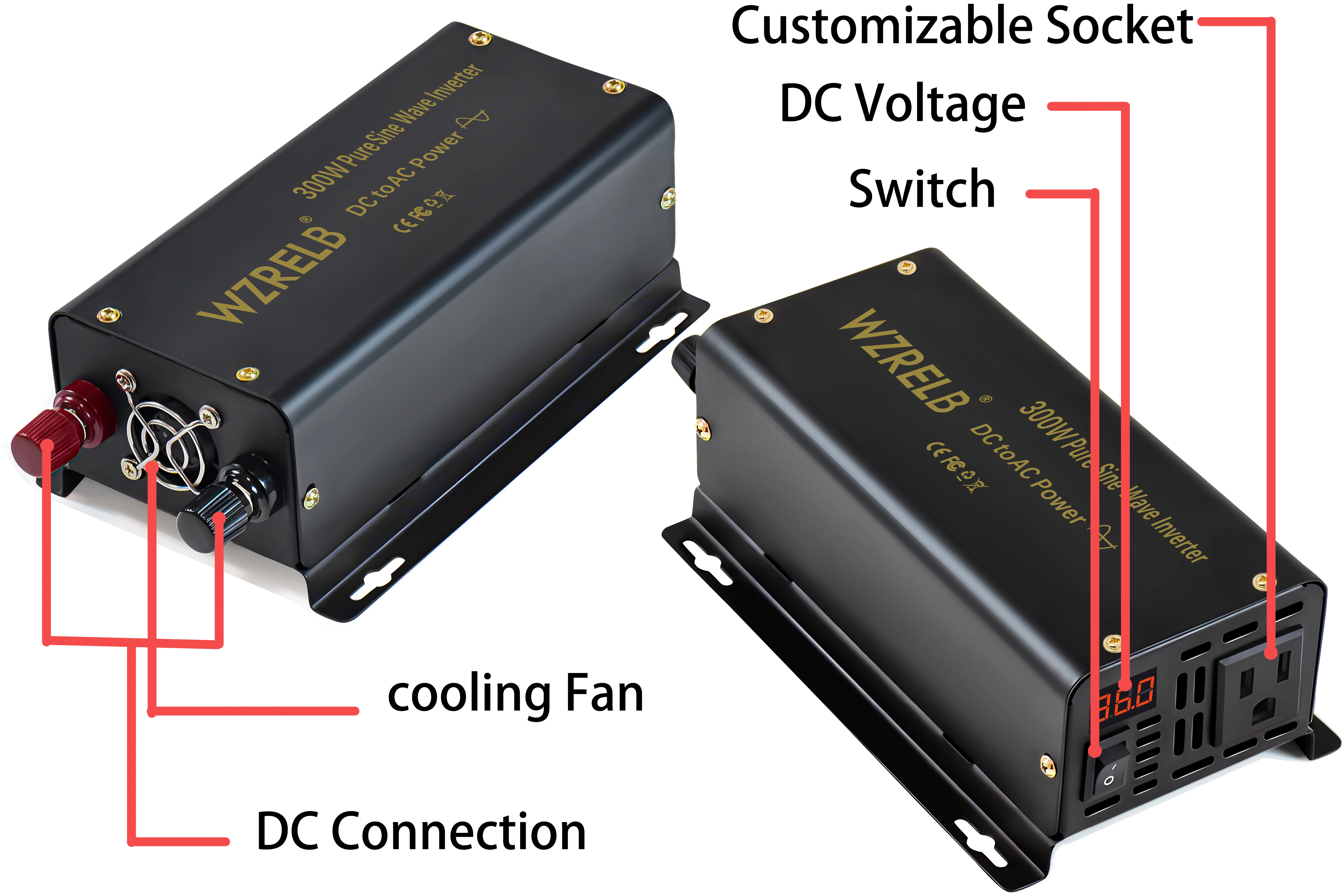 WZRELB 300 W reiner Sinus-Auto-Wechselrichter, netzunabhängig, 12 V/24 V/36 V/48 V DC auf 110 V, 220 V AC, 50/60 Hz – Detail 2