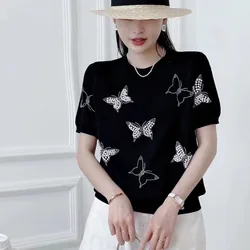 New Summer Tops Women Ice Silk Knitted Beading Butterfly O-neck Short Sleeve Casual Pullover Sweater Jumper Korean Fashion Y2k