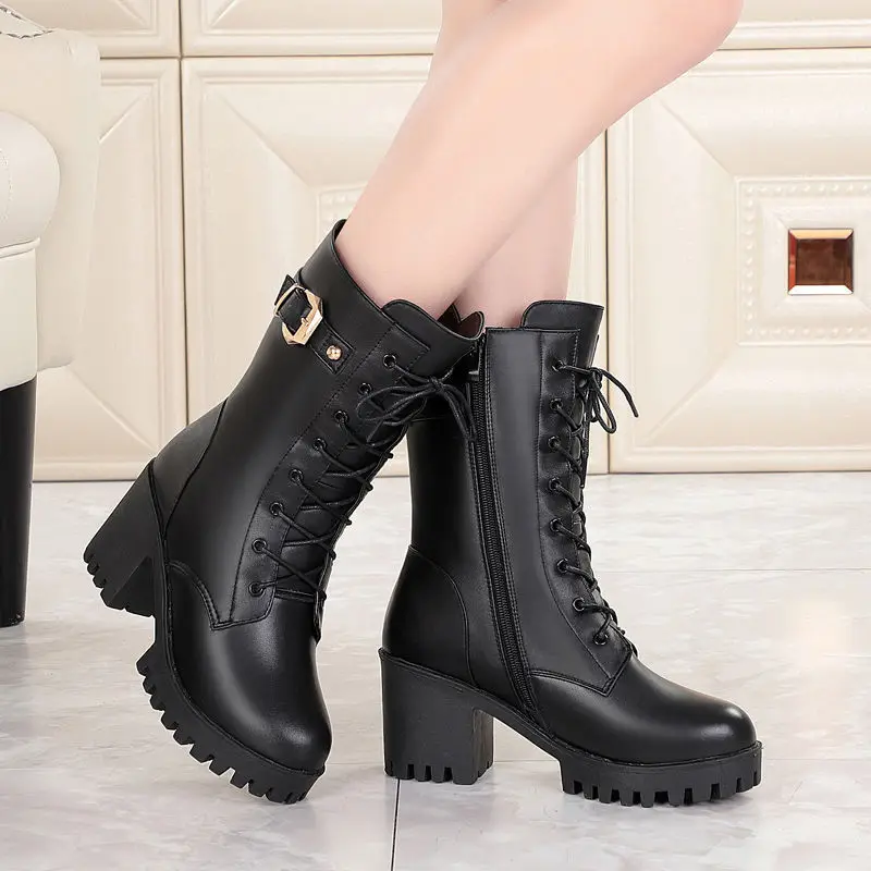 Winter High-heeled Leather Women Winter Boots Thick Wool Warm Women Boots High-quality Female Snow Boots