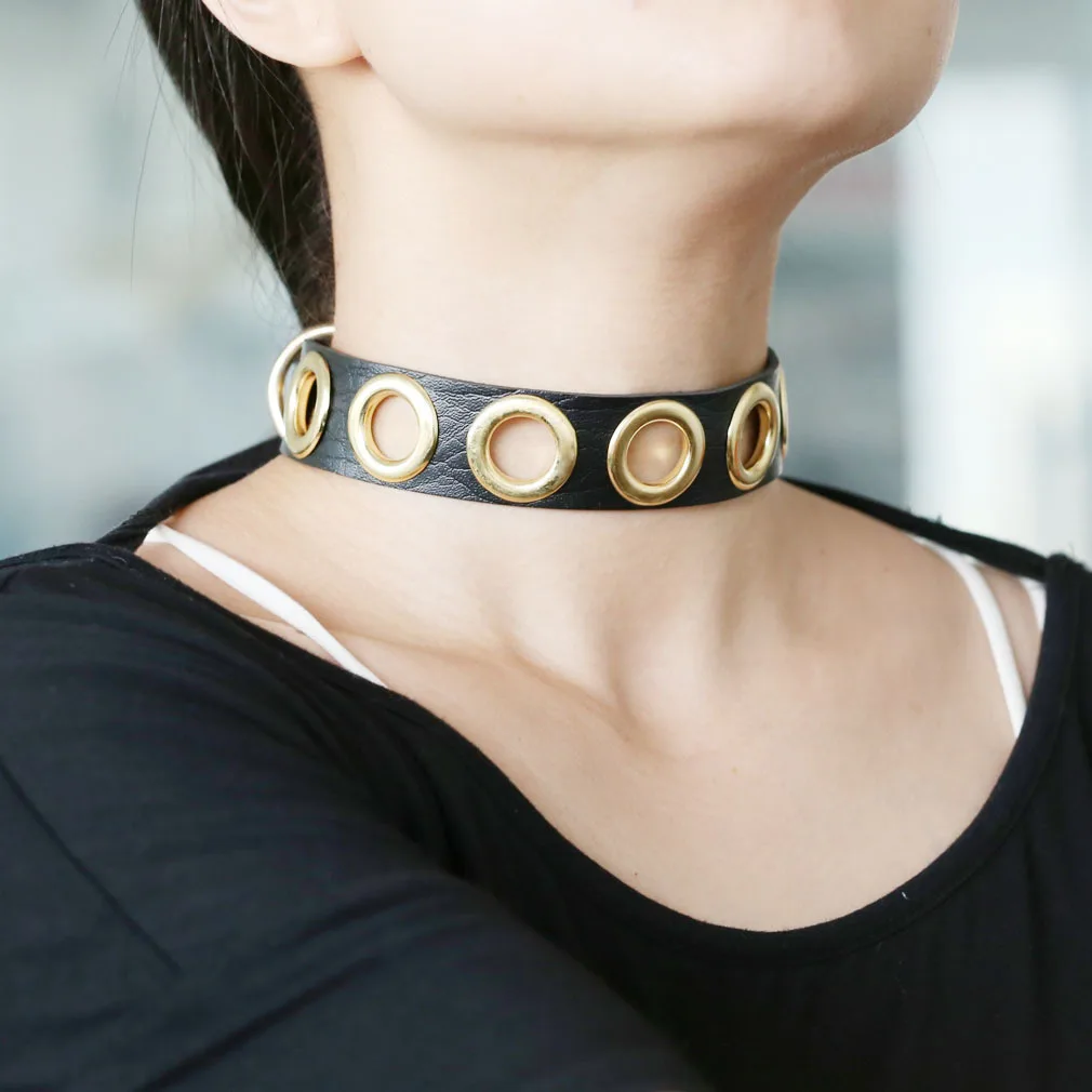 Simple Individuality Punk Gothic Sex appeal Easy Fashion Originality PU leather Choker Golden circle Short collarbone necklace