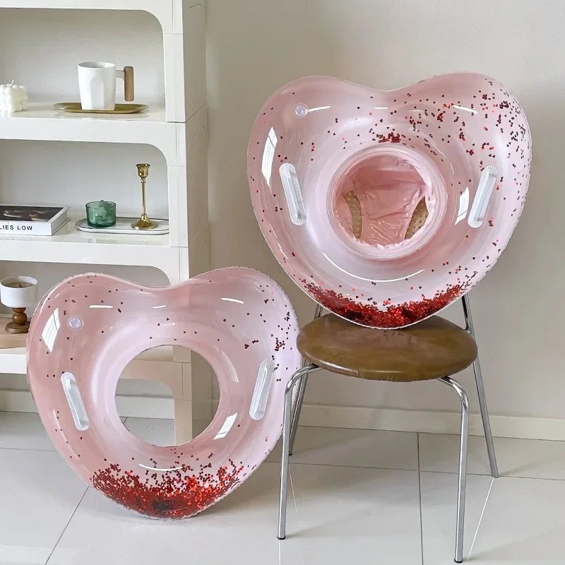 

Cute Children's Swimming Ring with Handle Floats for Kids Pink Heart-shaped Seat Ring Inflatable Pool Floaties Toys Girls
