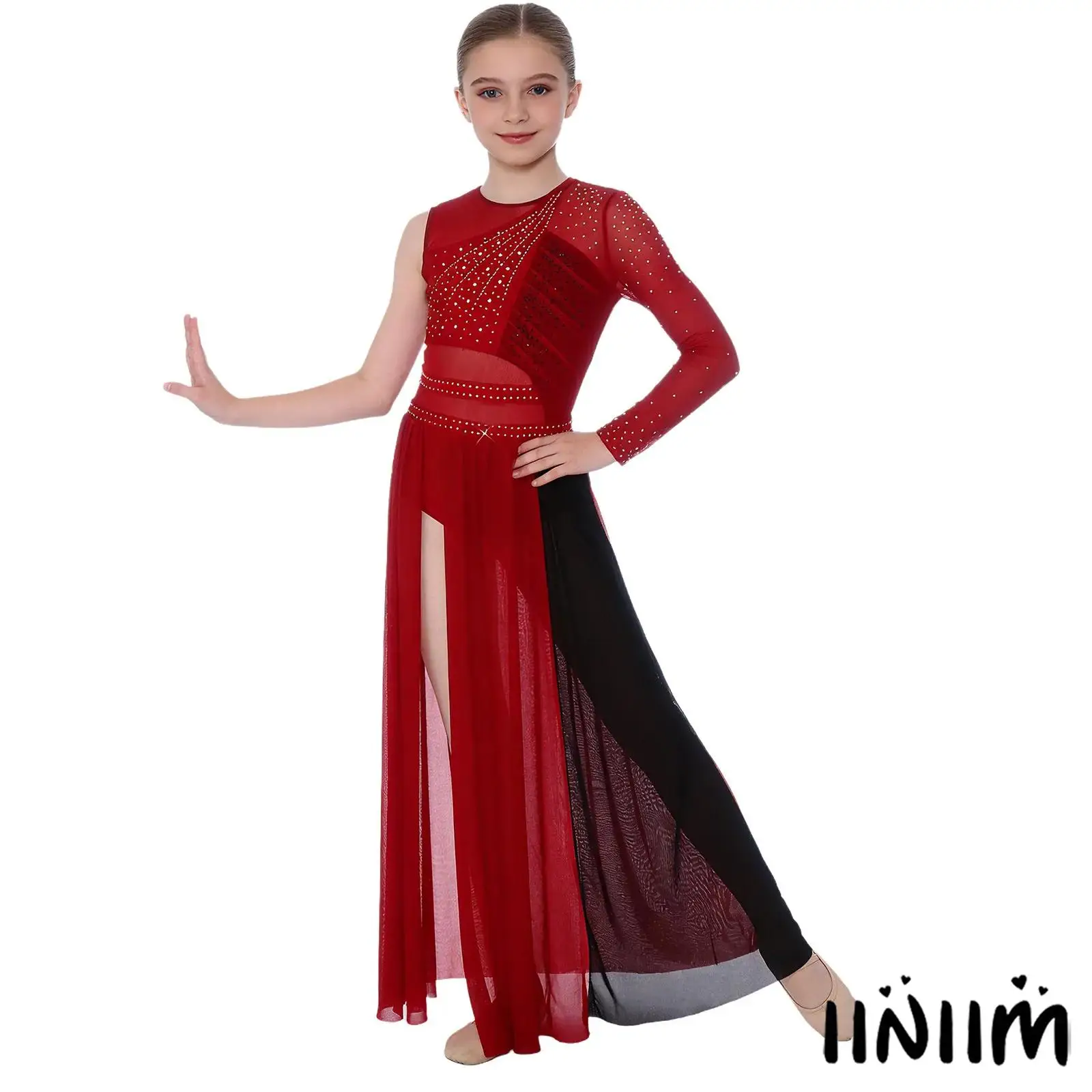 Robe de Ballet lyrique élégante pour enfants filles, strass scintillants, fermeture éclair au dos, Patchwork, fente latérale, ourlet en maille, justaucorps, vêtements de danse