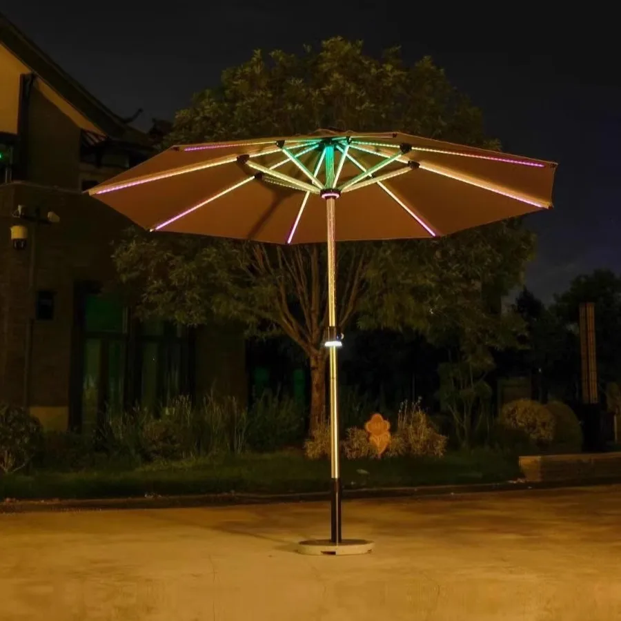 hy-Modern Foldable Waterproof Outdoor Solar Umbrella with LED Light 3m Round Square Courtyard Terrace Hotel Furniture Use