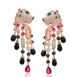 Pendientes largos con borla de leopardo y piedra negra y roja para mujer, joyería chapada en oro rosa, diseño de lujo, 2024