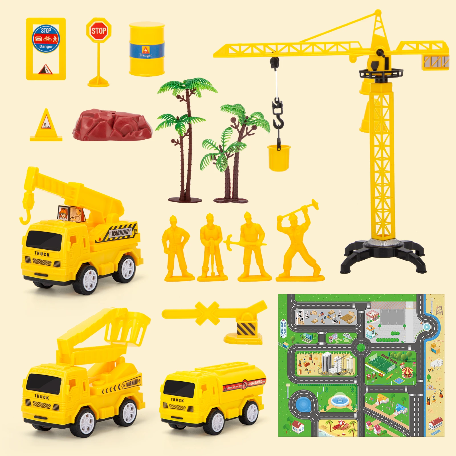 Set di giocattoli per veicoli da costruzione, giocattoli per ragazzi, include veicoli da costruzione pull-back, gru a torre e altri accessori e mappe di scena, interazione familiare/regali per le vacanze/Natale