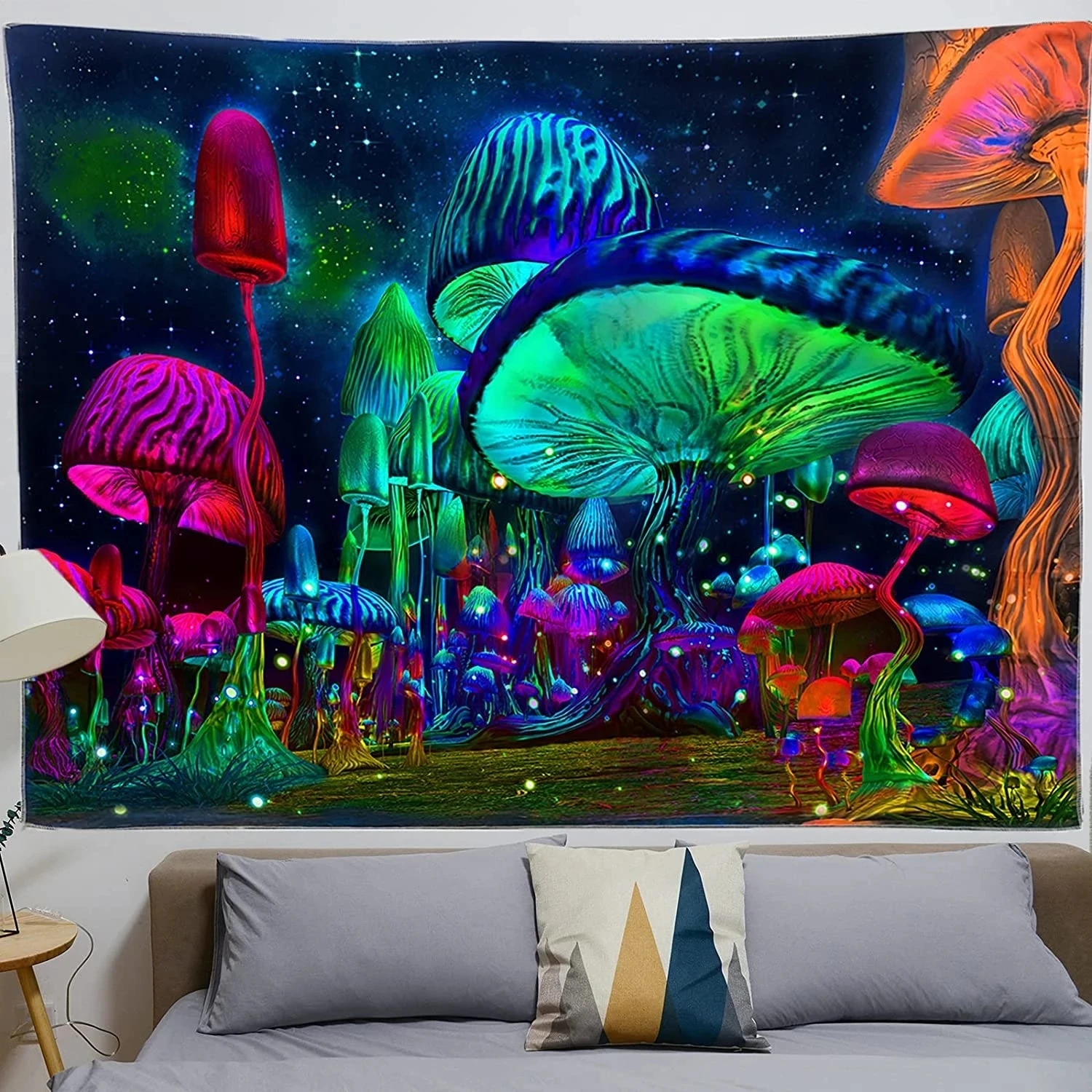 Bedroom Mushroom Tapestry Psychedelic Tapestry Fantasy Plant Starry Night Tapestry Wall Mounted Black Light Poster For Room Home