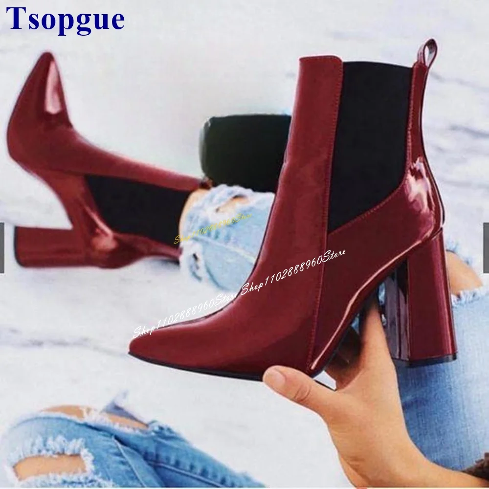 Stylish Red Patent Leather Elastic Ankle Boots Chunky High Heel Women Shoes Slip On Pointed Toe 2024 Fashion Zapatos Para Mujere