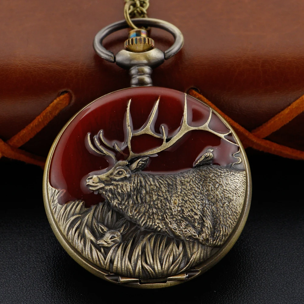 Reindeer Family Bird Pattern Quartz Pocket Watch Vintage Men's and Women's Pendant Necklace Accessories Clock Best Gift