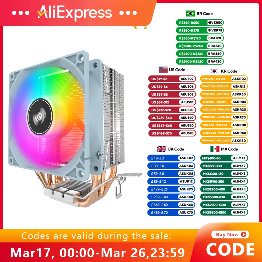 Aigo CPU-Kühler 2 4 6 Heatpipes PC-Kühlerkühlung 3PIN PWM Silent RGB-Lüfter für Intel 1700 1150 1155 1156 1366 AM2/AM3/AM4 AMD