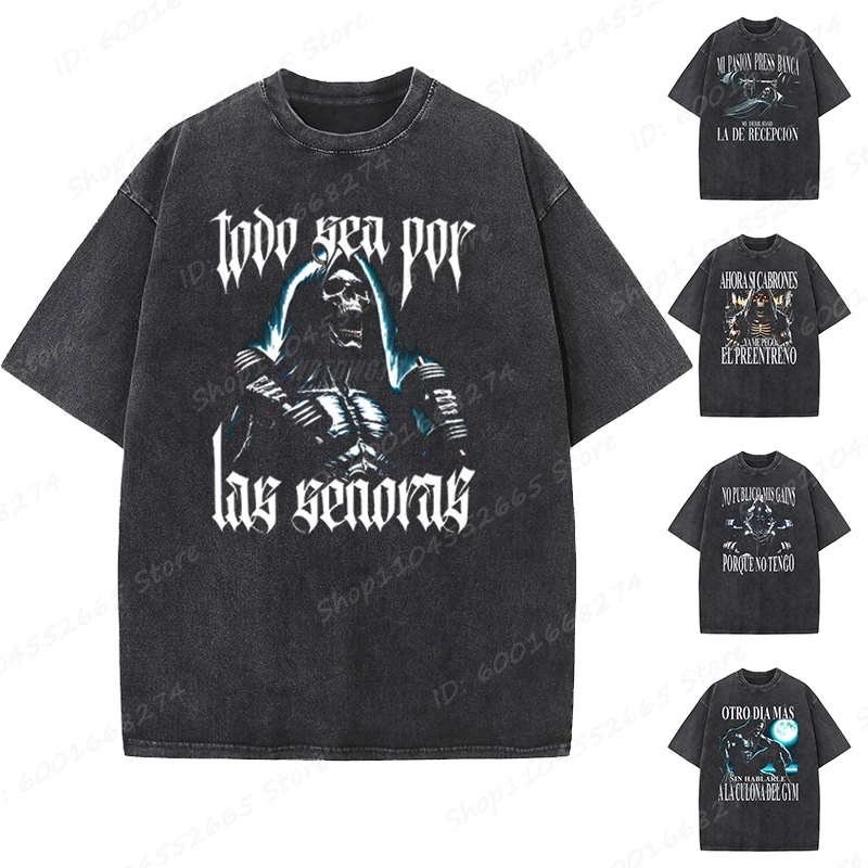 Cool Skeleton & Calacas Chidas Gym T-Shirts Short Sleeve Washed T Shirt Crew Neck Casual Summer Oversized T-shirt Men's Clothing