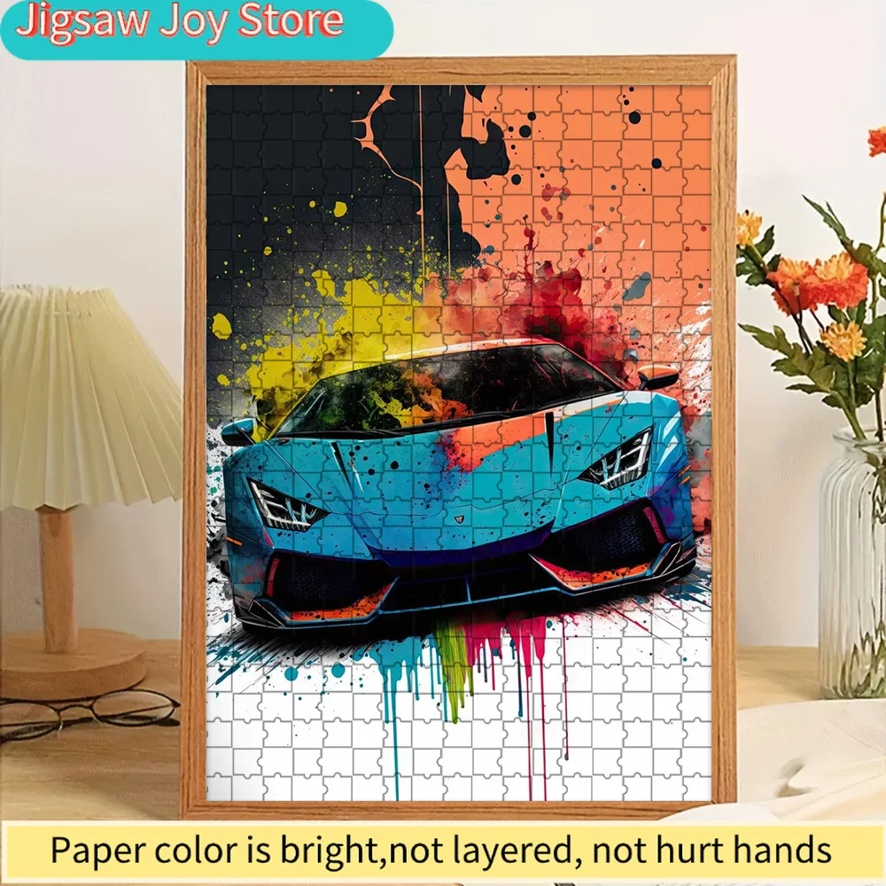 

Бумажный пазл с изображением ярко-синего итальянского суперкара с красочными разноцветными брызгами краски, художественный принт, декор для стен, высококачественный принт