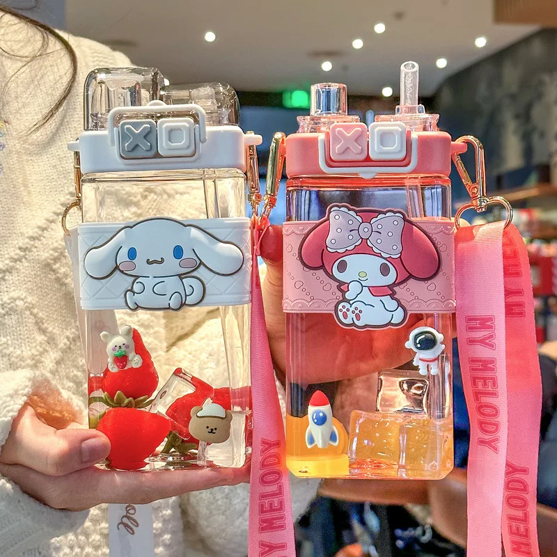 Sanrio Hello Kitty My Melody Cinnamoroll Cartoon Drinking Cup with Straw Children Student Kuromi Water Cup Baby Kids Bottles