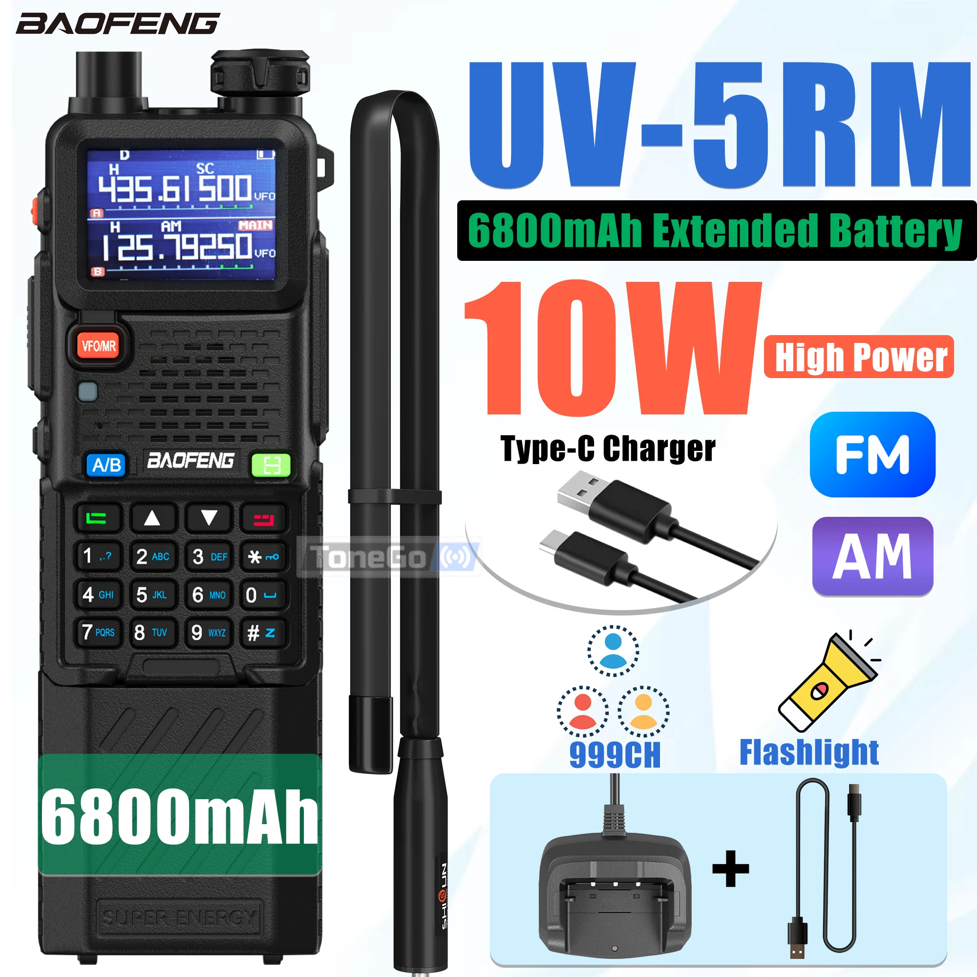 Upgraded Baofeng UV-5RM Walkie Talkie 6800mAh Extended Battery Wireless Copy Frequency Type-C Long Range AM FM UV-5RH Ham Radio