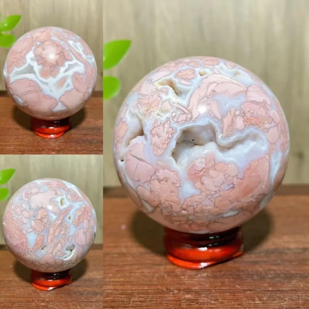 1pcNatural HighQuality Pink Agate Geode Sphere Quartz Healing Crystal Energy Reiki Meditation Home Decoration Lucky Gift + Stand