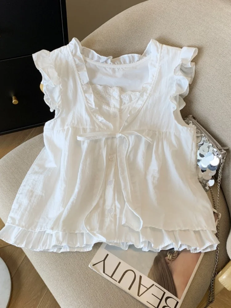 

Light Blue ort Sve irt Women's Summer plus Size Beautiful Unique Top Fake Two-Piece Korean Sle Cotton V-ne irt