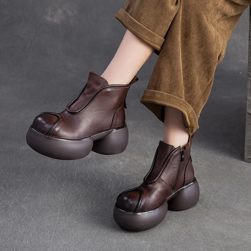 

Cow Genuine Leather Women Platform Wedge Ankle Boots Shoes Fashion pumps Zip British Comfy Motorcycle Chunky Heels