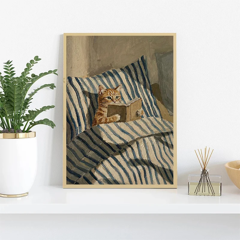 1pc frameless Cute Dog Fox Raccoon Reading Book in Bed Poster Black Cat Drinking Coffee Canvas Painting Wall Art Print Illustrat