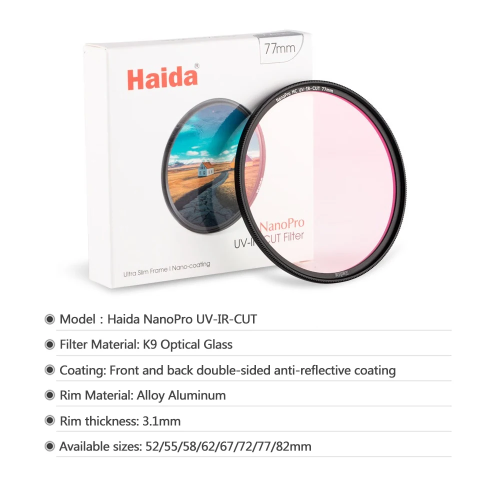 Haida NanoPro UV-IR-CUT Filter for Camera Photography with Infrared Ultraviolet Double Cutoff Retains Visible Light Spectrum