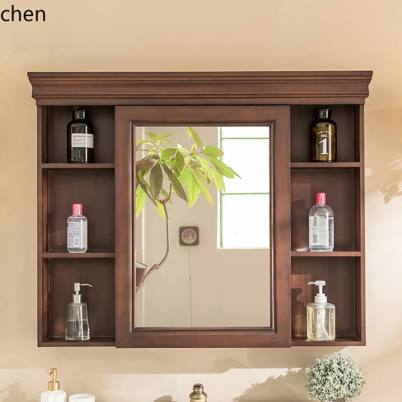HT Oak Bathroom Mirror Cabinet Bathroom Separate Mirror Cabinet Bathroom Wall-mounted Solid Wood Mirror