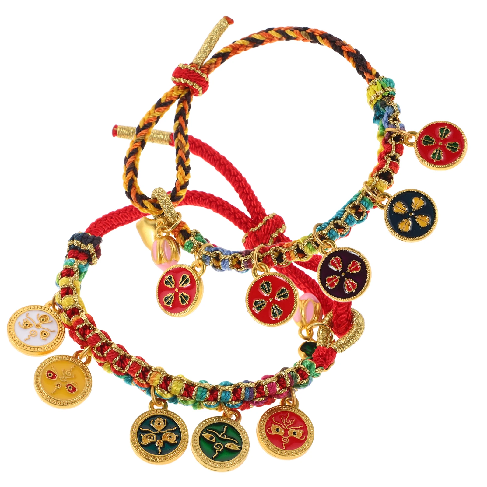 

2 Pcs Five-way God of Wealth Bracelet Colorful Rope Woven Jewelry Wrist Tibetan Cultural Ethnic Style Alloy