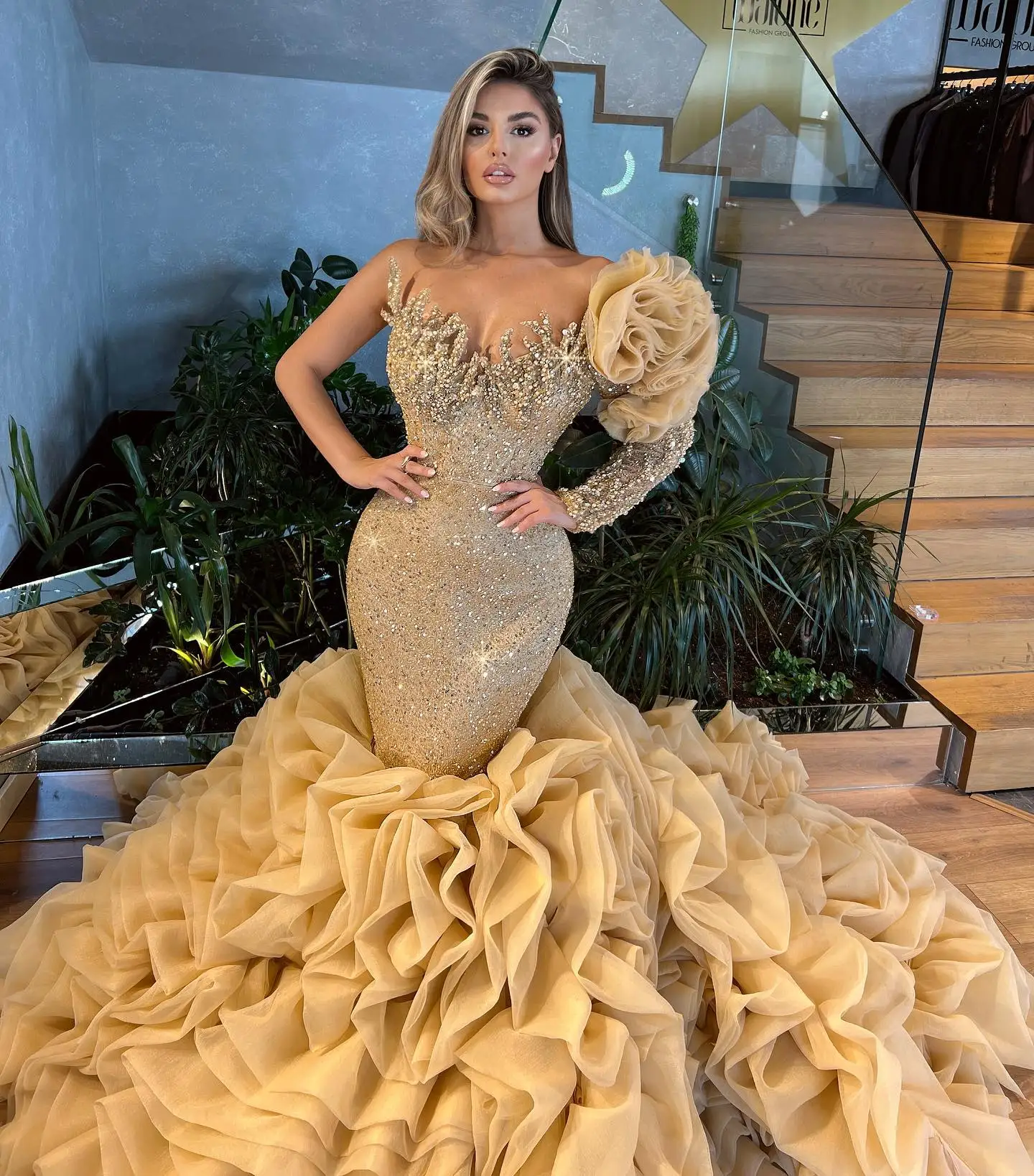 Luxury Champagne Sexy Evening Gowns For Women Mermaid Pleated Ruffles Tulle Dress Party Prom Night Wear Custom Vestido De Novia