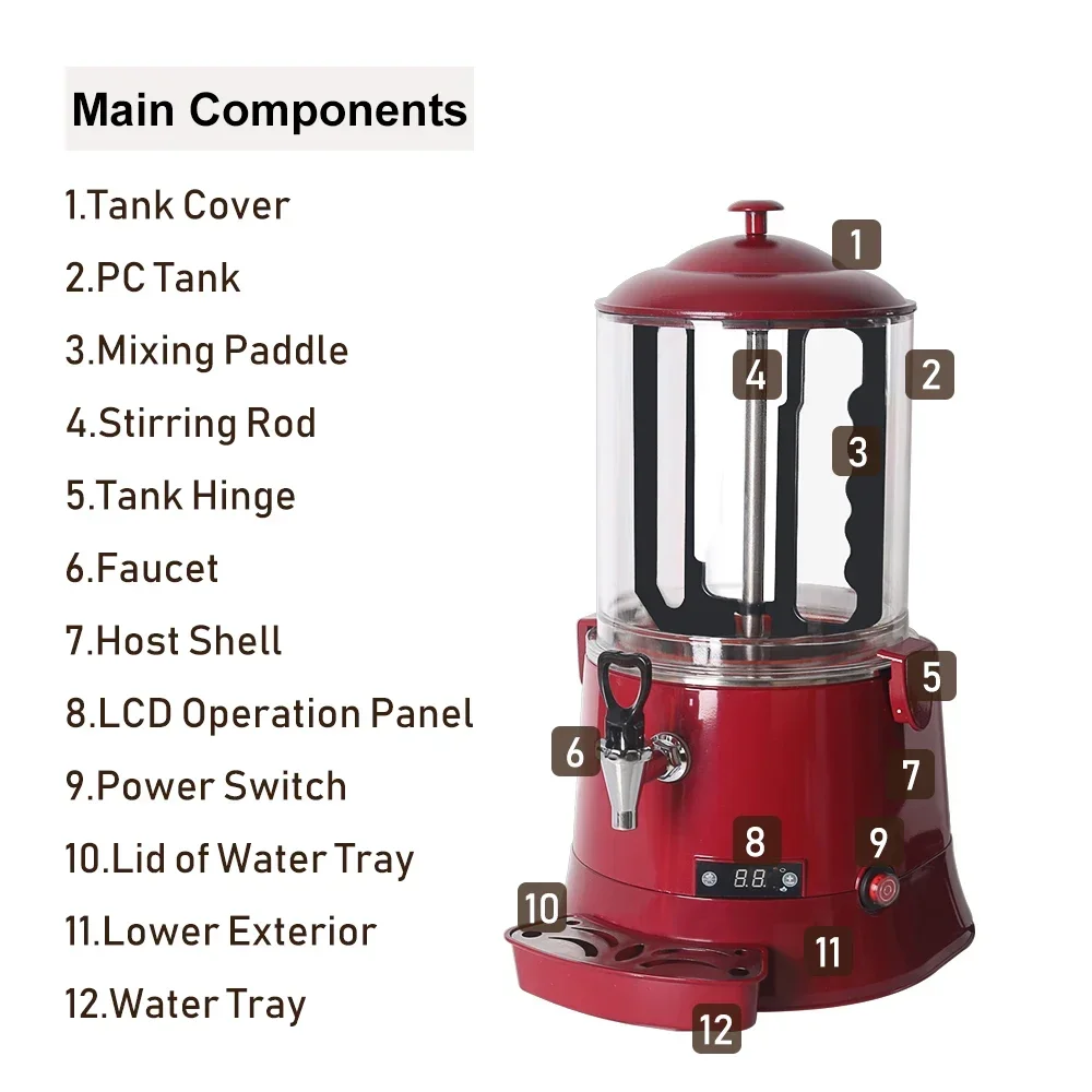 HomeWise 10L Hot Chocolate Dispenser Hot Drinks Dispensing Machine for Chocolate Milk Drinks Coffee Hot Beverages Mixing Maker