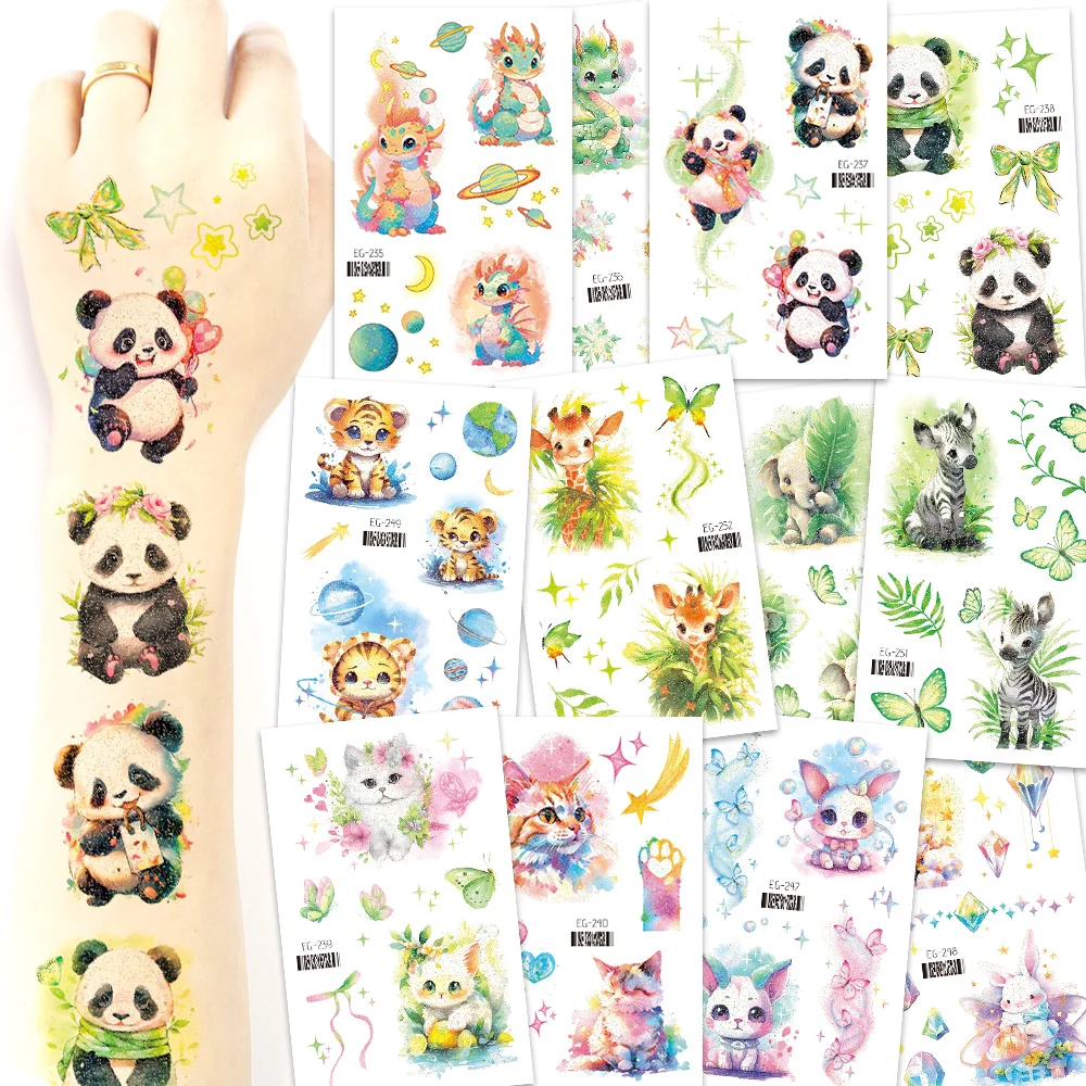 12 Sheets Glitter Animals Dragon Temporary Tattoos,Sparkle Jungle Animals Zebra Giraffe Panda Tiger Elephant Sticker, Gifts
