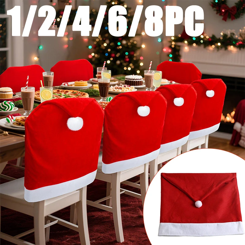 1-8PC Christmas Chair Cover Red Non-Woven Soft Santa Claus Hat Chair Cover Kitchen Dining Comfortable Seats Cover Party Decor