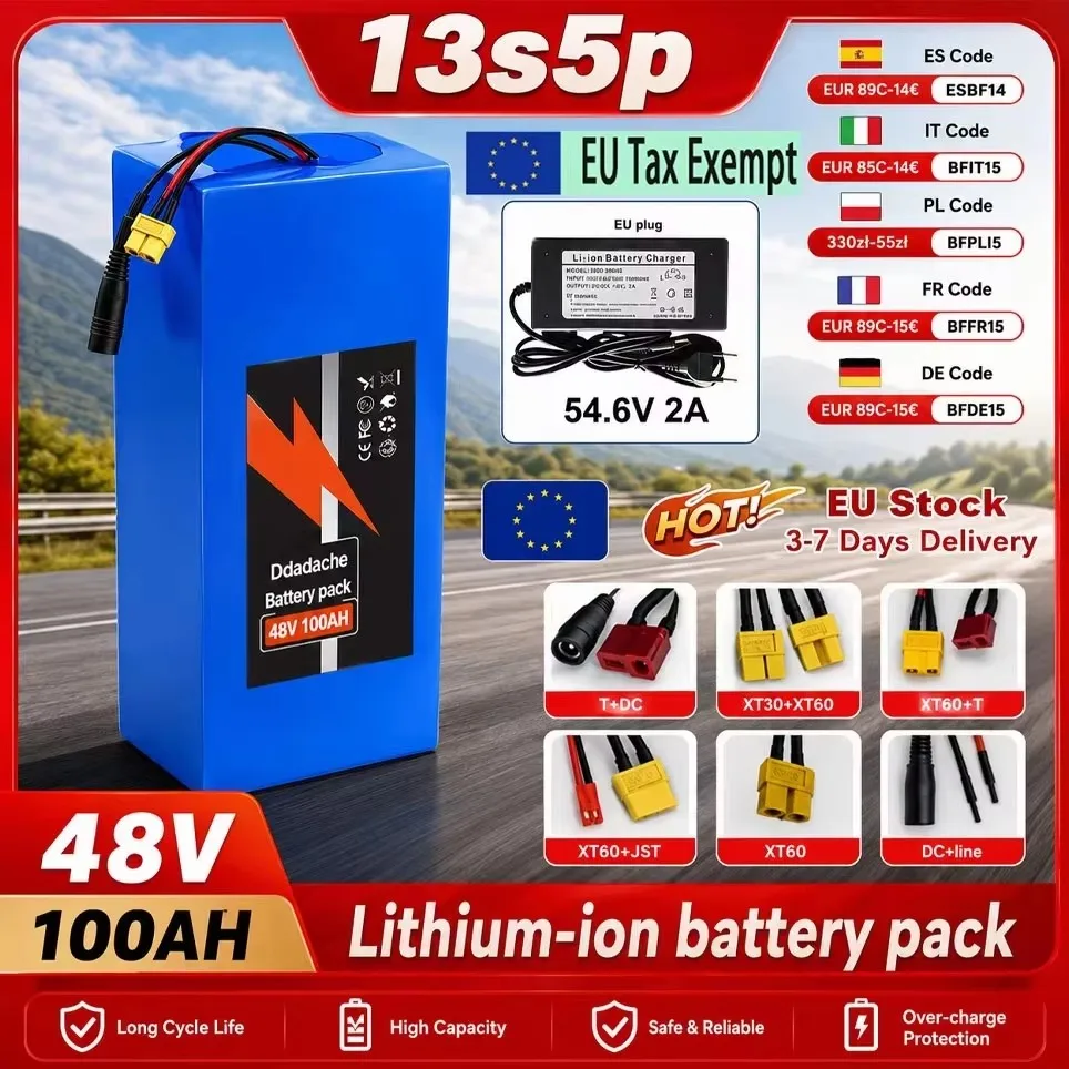 Batterie au lithium originale 13S5P 48V 100Ah 18650 de haute capacité, BMS intelligent intégré, moteur haute puissance 250W-2000W, adaptée aux scooters électriques