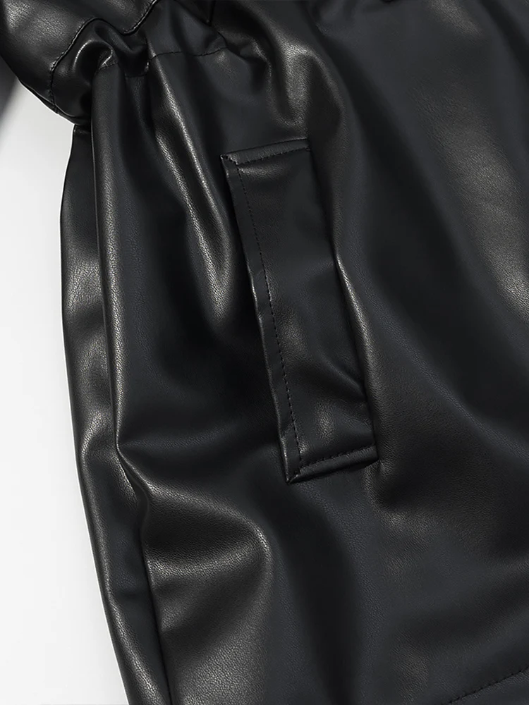เสื้อโค้ทหนังทรงยุโรปแบบใหม่สำหรับผู้หญิง ดีไซน์ทันสมัยและใช้งานได้หลากหลาย คอตั้ง ผูกเชือกเอว ความยาวปานกลาง