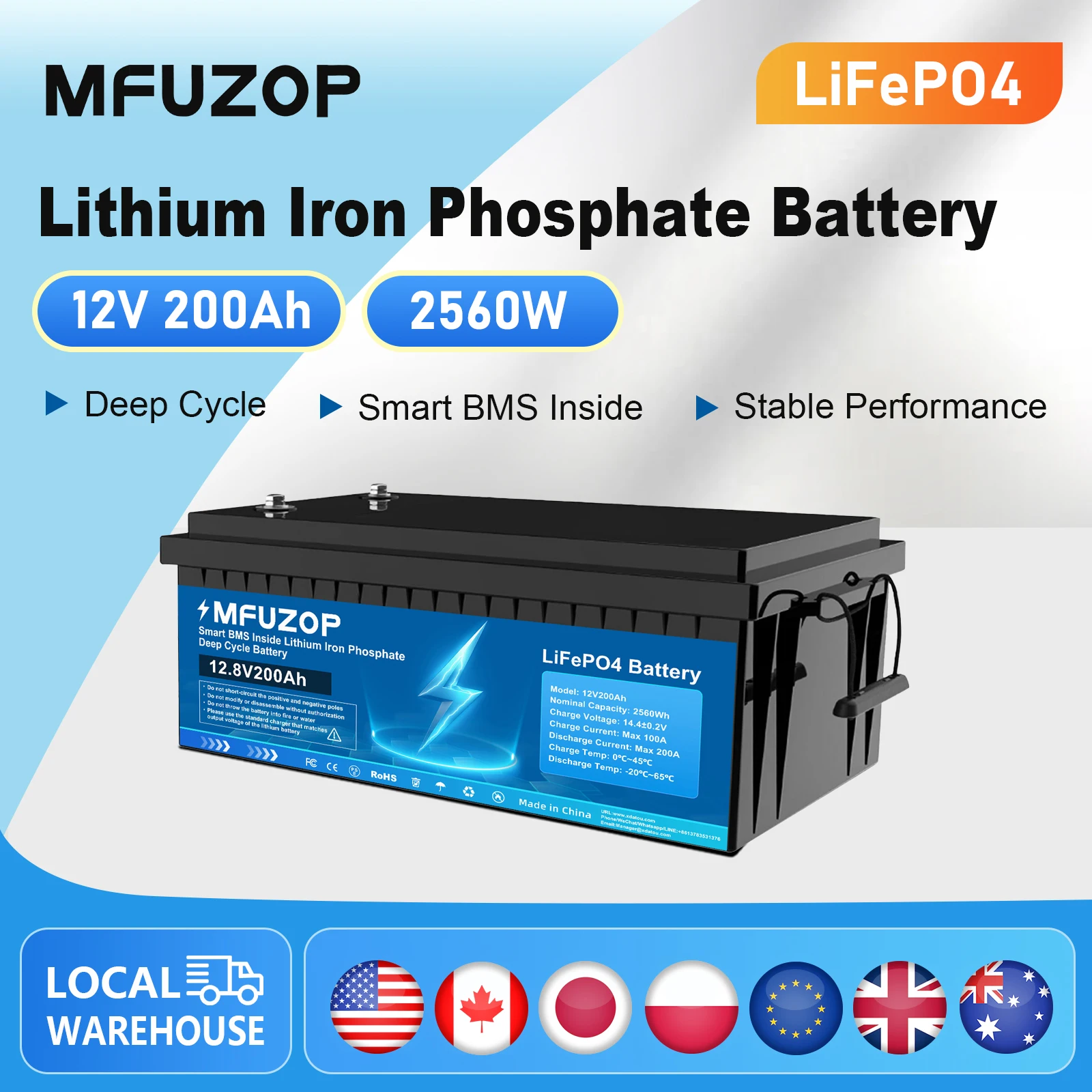 

DATOUBOSS 12V200A Battery Deep Lithium Iron Phosphate Cycle LiFePO4 Battery Rechargeable BMS RV Campers Golf Cart Sola