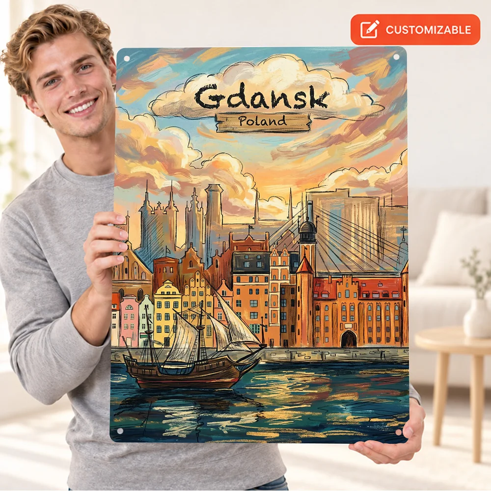 Gdansk Poland Waterfront Cityscape Printed Poster Personalized Aluminum Metal Sign Detailed Illustration Wall Art For Entryway