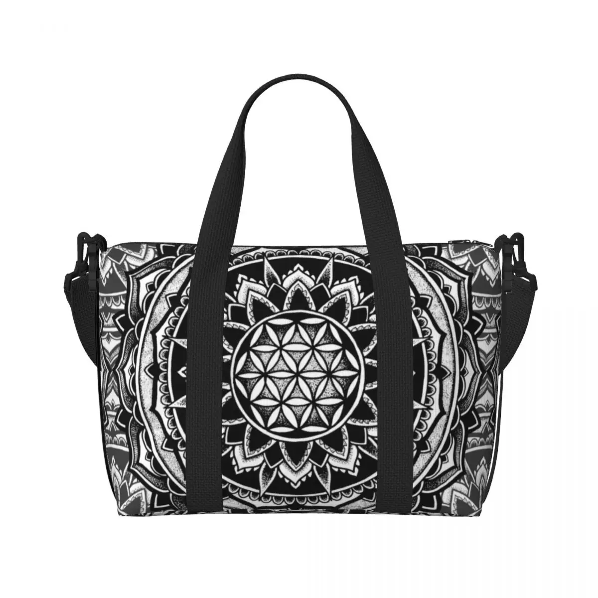 Custom Sacred Geometry Mandala Beach Tote Bag Women Flower Of Life Geometric Large Compartment Beach Gym Travel Bags