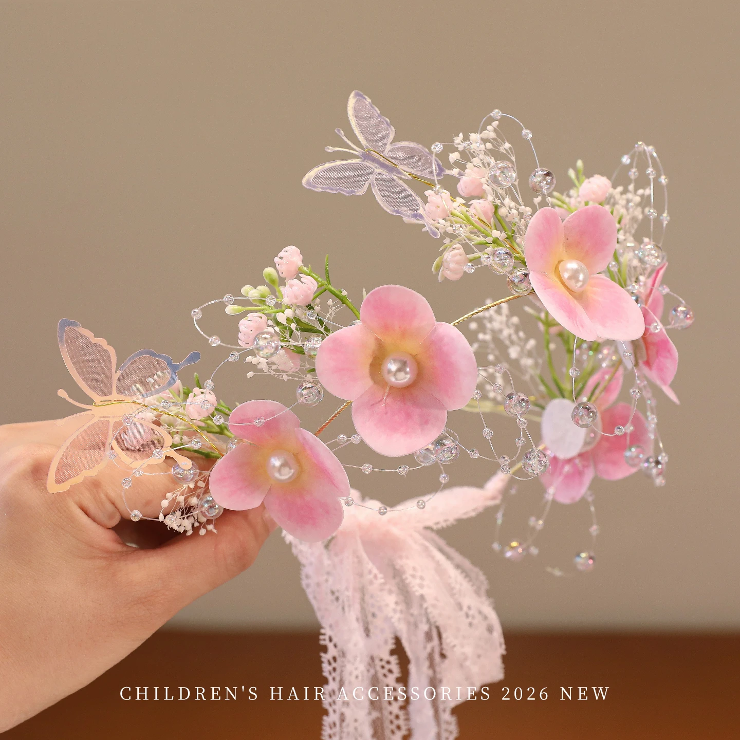 2026 Neue Prinzessinnen-Stirnbänder in Blau und Rosa mit Blumen, Schmetterlingen, Muscheln und Perlenquasten, lange Bänder, schmerzfrei für Babys und Mädchen, als Geschenk – Detail 9