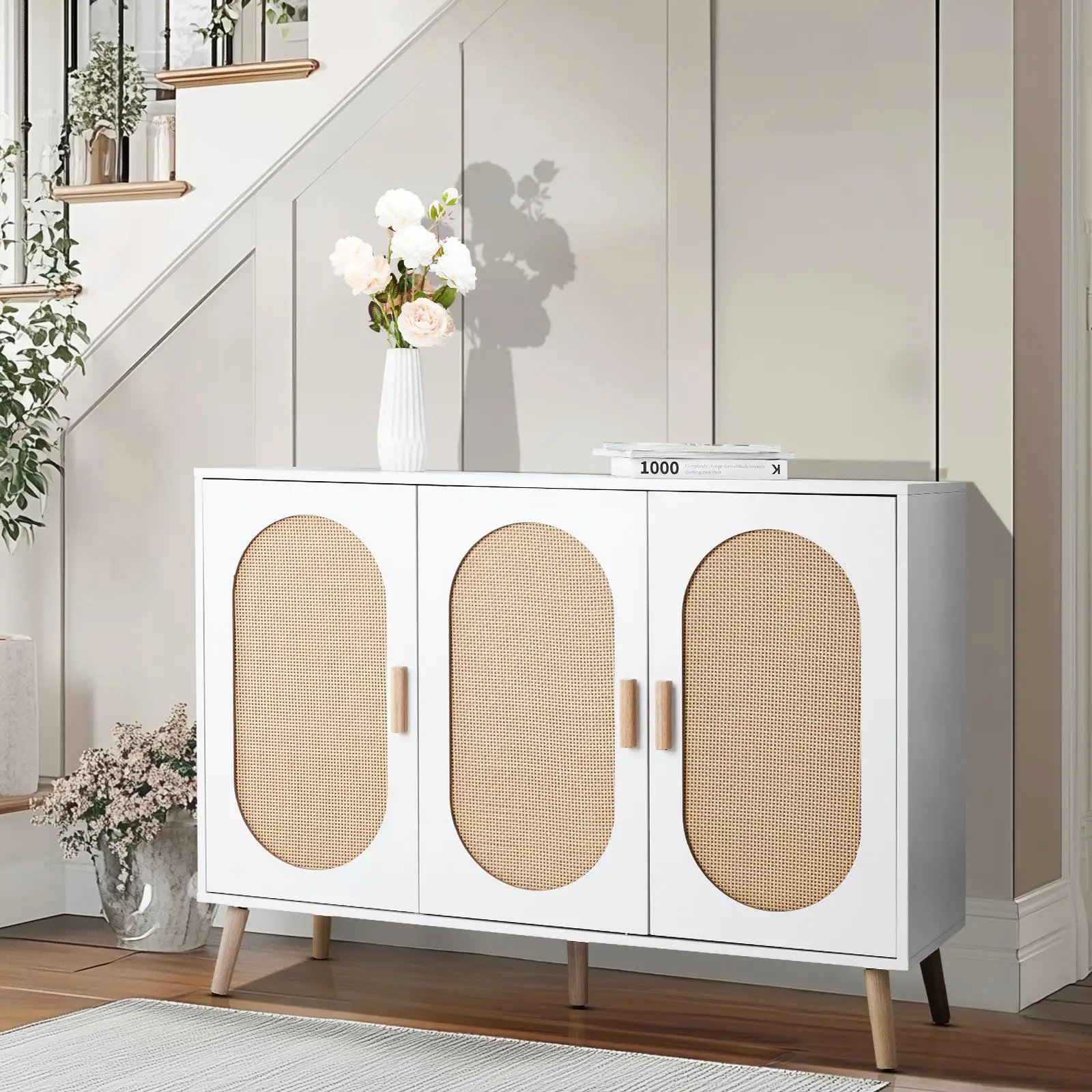 3-Door Vertical Shoe Cabinet - White Particle Board & Rattan Design with Gold Legs