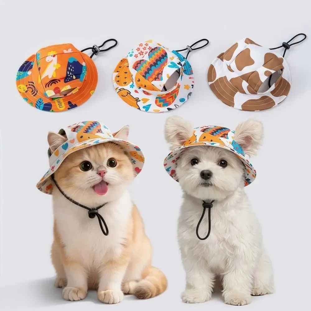 Breathable Cat Dog Sun Hat Adjustable Drawstring with Ear Holes Pet Bucket Hat Lightweight UV Protection Pet Cowboy Hat
