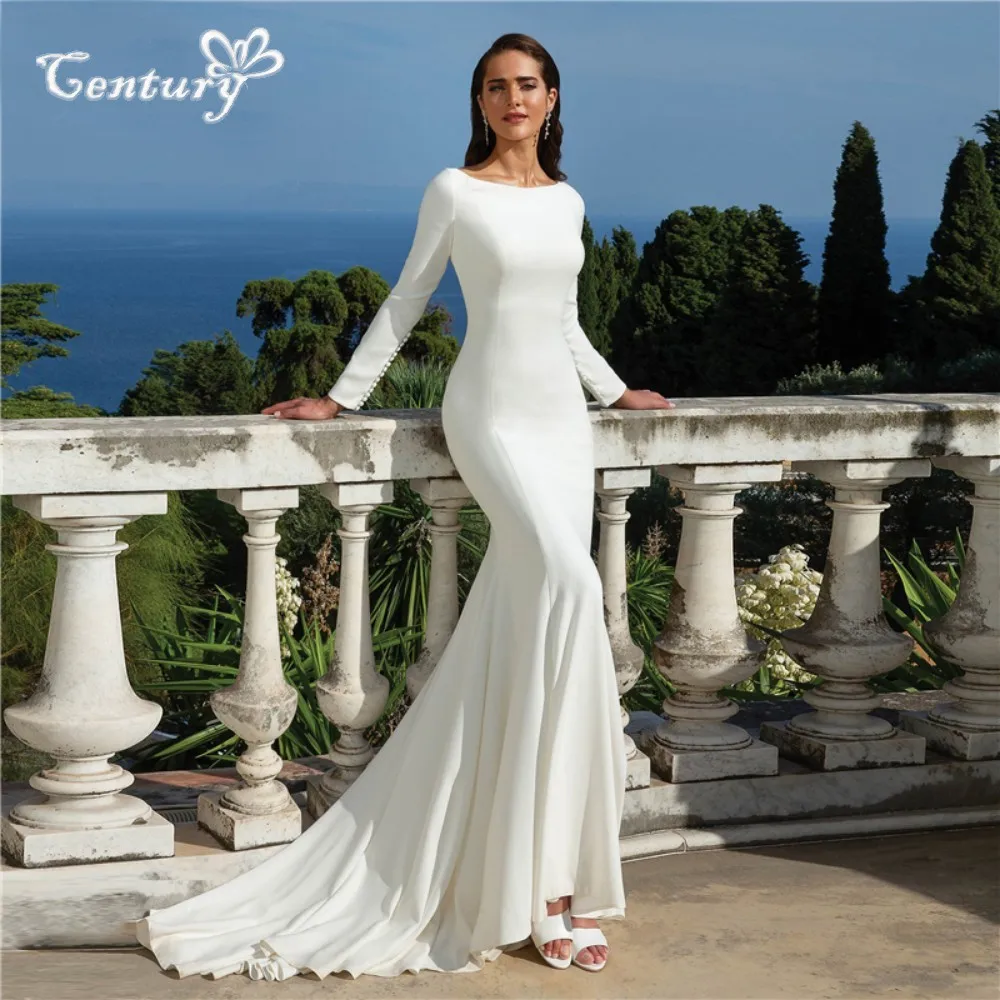 CIvil Wedding Dresses Mermaid 2025 Soft Satin O-Neck Backless Long Sleeve Simple Plain Bridal Gowns for Women Bride Customized