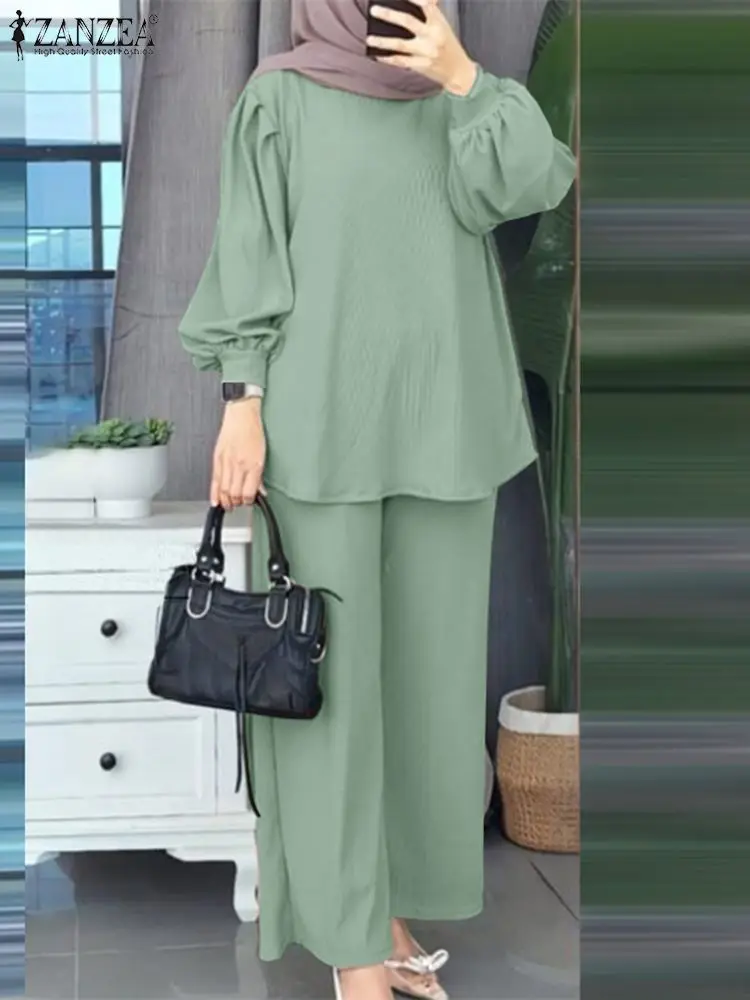 

Fashion Tracksuit 2024 ZANZEA Autumn Long Sleeve Blouse Pants Suits Solid Abaya Muslim Sets Two Piece Sets Womens Outifits