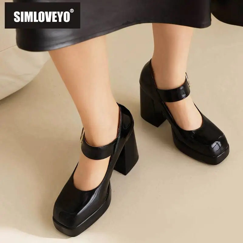 SIMLOVEYO Brand Shoe Women Pumps Toe Block Heel 9.5cm Platform 2.5cm Buckle Strap Concise Dating Lady Big Size 47 48