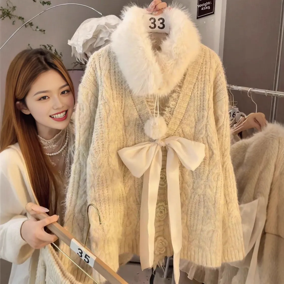 

Sweet Knot Sweater Heavy Knit Women's Autumn Winter Faion Two-Piece Set Ele Sle Loose Fit Basic Model