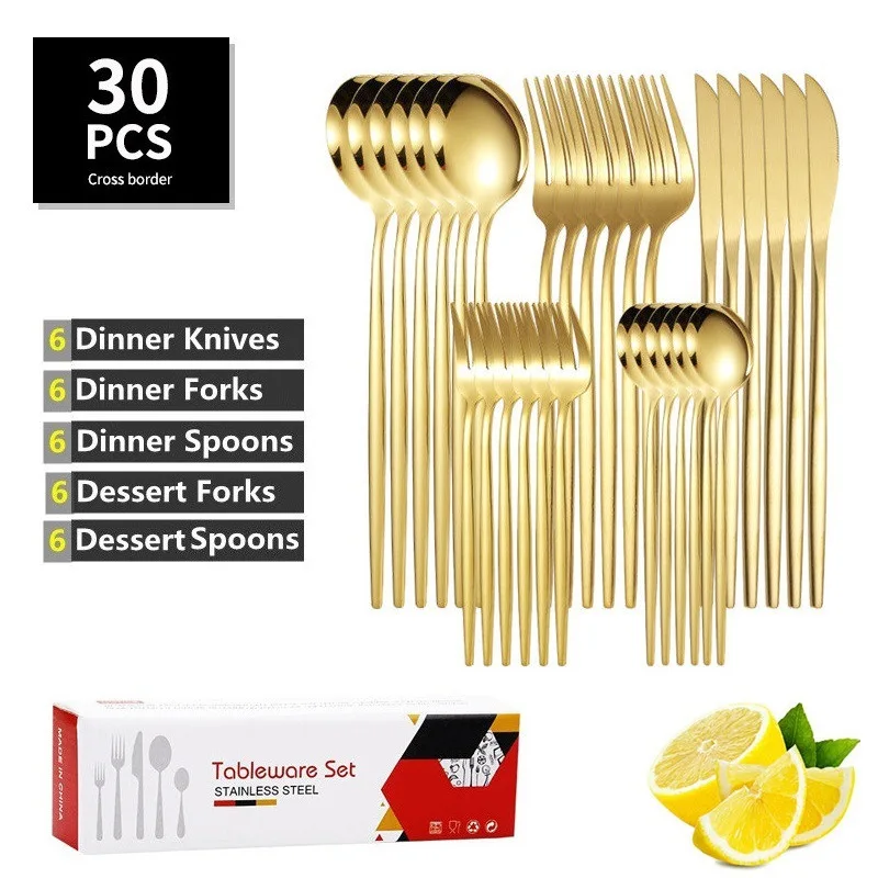 

Stainless Steel Tableware Portugal Knife Spoon Fork 30 Pieces Set Western Style Golden Steak Knife and Fork Spoon Gift Box Set