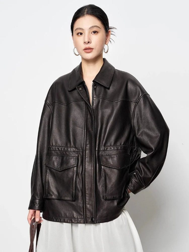 

Vintage Genuine Leather Windbreaker Jackets for Women Spring Autumn High-end Simple Casual Soft Black Real Sheepskin Coat