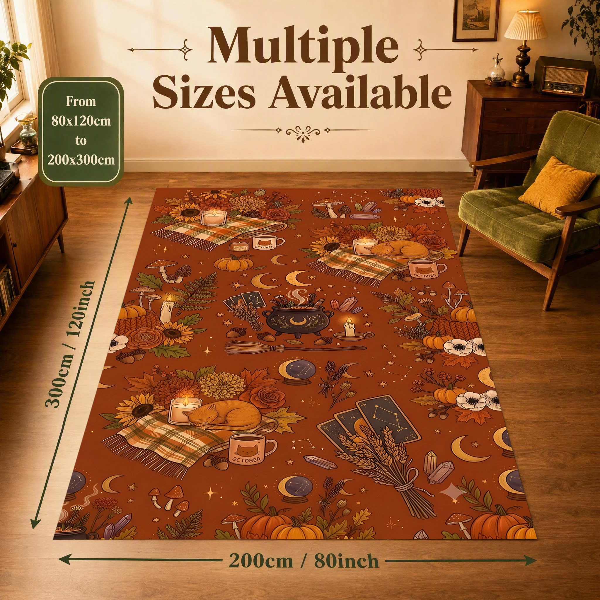 Vintage Distressed Pumpkin Fall Leaf Velvet Area Rug, for Living Room Bedroom, Autumn Winter Harvest Festival Decor