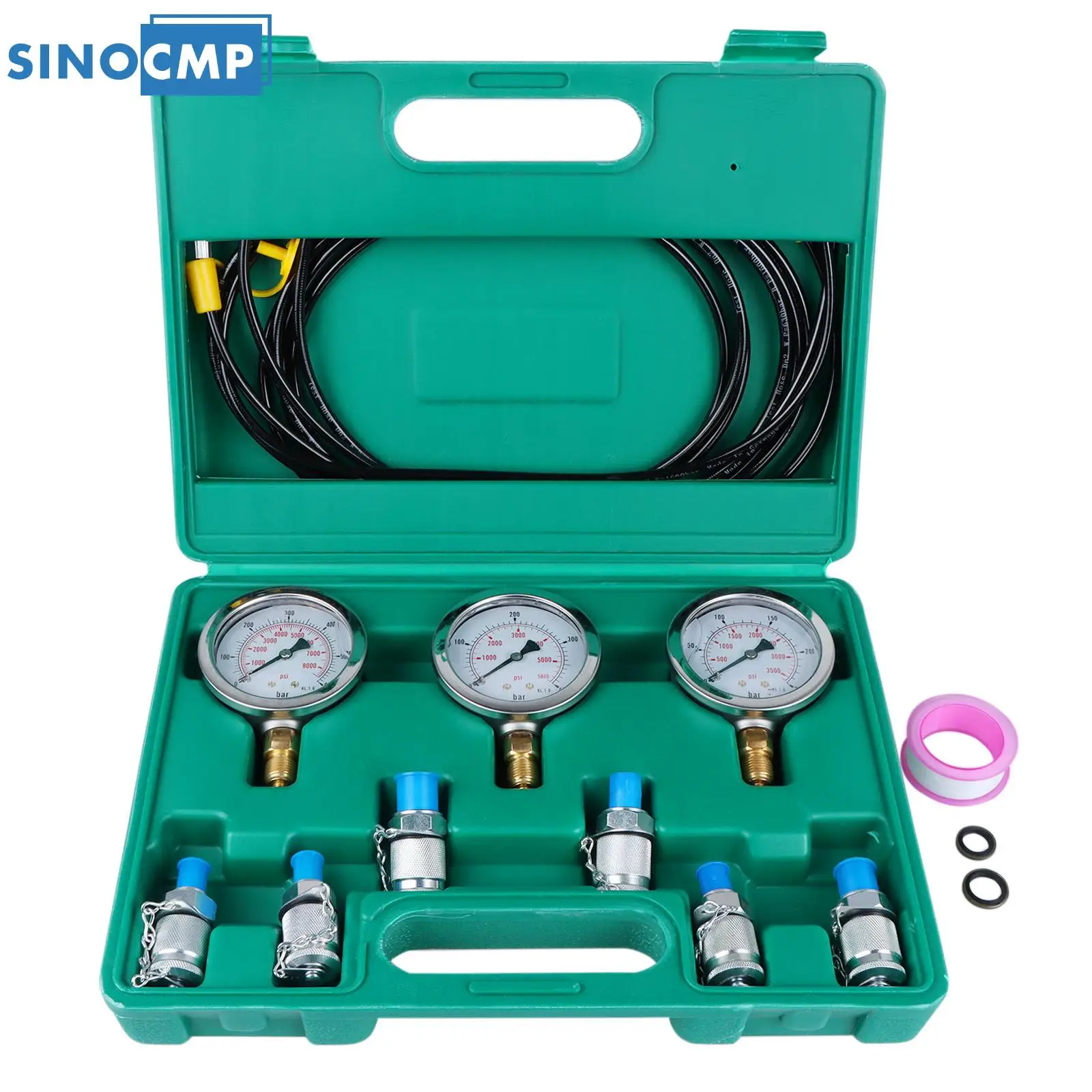 Excavator Hydraulic Pressure Test Kit With 3 Gauge 25Mpa/40Mpa/60Mpa M10 M14 Coupling Diagnostic Tool Green Box 2 Year Warranty