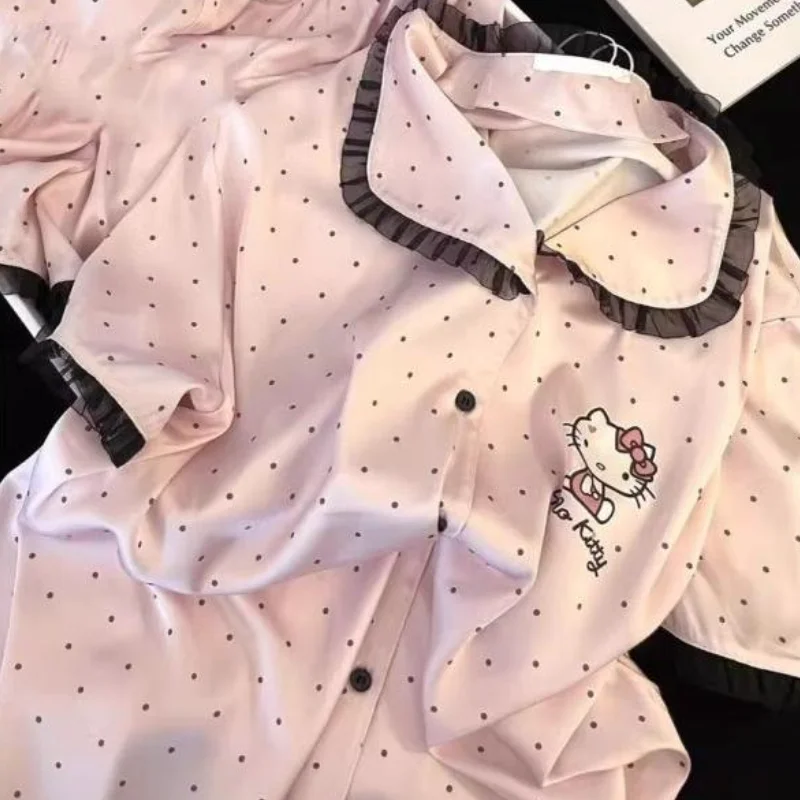 

Комплект легкой кружевной пижамы Sanrio Hello Kitty для женщин и студенток, летняя одежда для дома и отдыха, модная ночная одежда с короткими рукавами